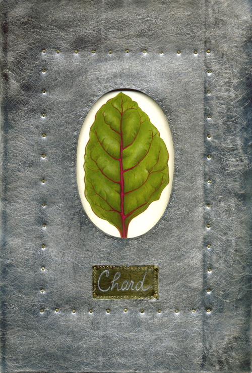 Chard, acrylic on paper, tin, brass rivets, 5.5" x 8"