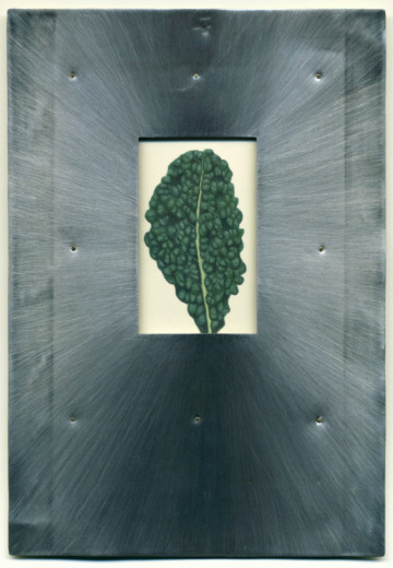 Willy Reddick, Tuscan Kale, acrylic on paper, tin, brass rivets, 5.5" x 8"