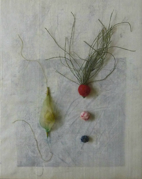 Specimen J30-4, linen, silk, glass beads, monoprint, 8" x 10"